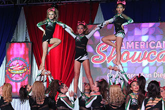 Youth team connects two one leg stunts to a prep level stunt in the middle to make a pyramid