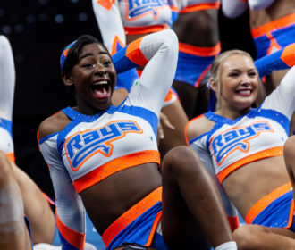 Cheerleaders smiling in pose at NCA All Star Nationals