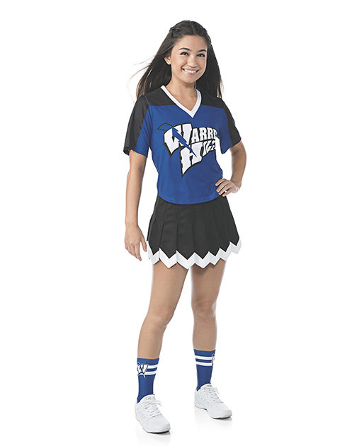 Cheerleader wearing blue jersey and pleated skirt